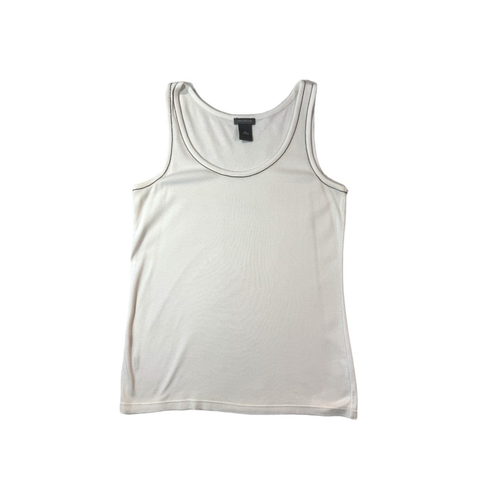 Ann Taylor Womens XS White Ribbed Tank Contrast Trim Minimalist Preppy Top